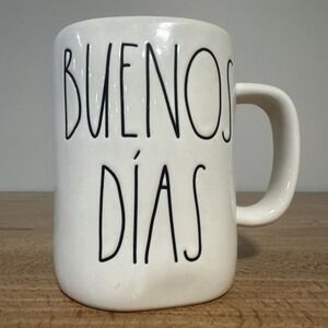 Rae Dunn Buenos Dias Espanol Coffee Tea Mug White Ceramic Black Letters Spanish